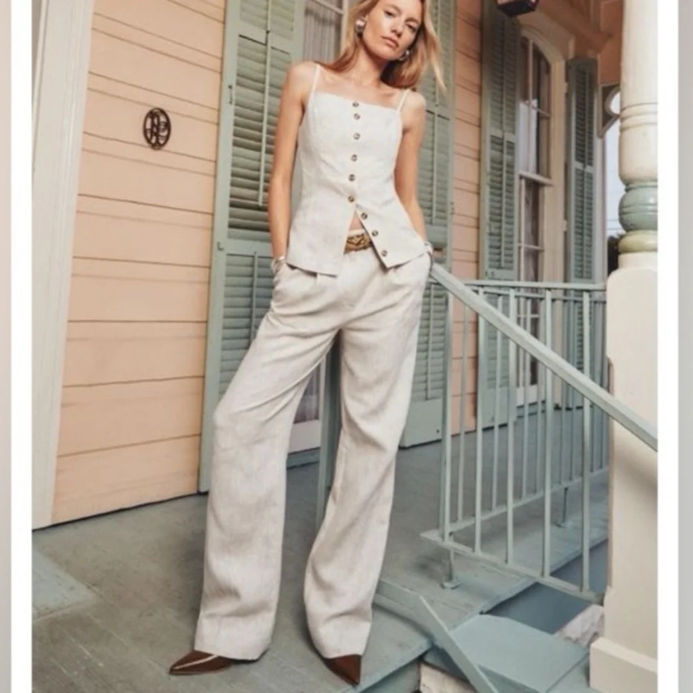 new Reformation Alex oatmeal linen straight wide pants in beige